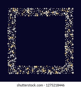 Square frame from confetti stars. Isolated gradient celestial elements. Yellow pearl nacre glitter. Holiday celebration luminous glossy vector template for celebration decorations.