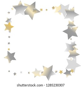 Square frame from Confetti Stars. Isolated gradient celestial elements. Yellow pearl nacre glitter. Festive iridescent holographic shine effect vector template for celebration decorations.