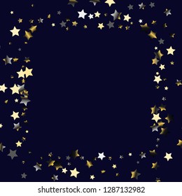 Square frame from confetti stars. Isolated gradient stellar elements. Platinum chrome metal glitter. Holiday celebration luminous vector template for celebration decorations, packaging.