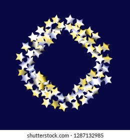Square frame from confetti stars. Isolated yellow blue white grey gradient celestial elements. Iridescent glitter festive  celebration vector  template for celebration decorations, packaging.