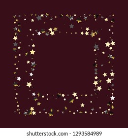 Square frame from Confetti Stars. Isolated gradient celestial elements. Platinum chrome metal glitter. Festive iridescent holographic effect vector template for celebration decorations, packaging.