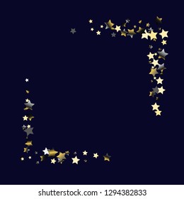 Square frame from confetti stars. Isolated gradient celestial elements. Platinum chrome metal glitter. Holiday celebration luminous vector template for celebration decorations, packaging.
