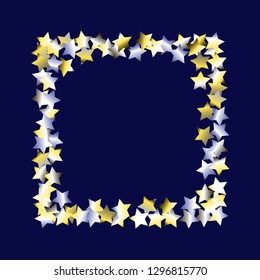 Square frame from confetti stars. Isolated yellow blue white grey gradient celestial elements. Festive iridescent holographic shine effect vector template for celebration decorations, packaging.