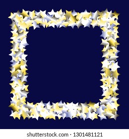 Square frame from Confetti Stars. Isolated yellow blue white grey  gradient stellar elements. Iridescent glitter festive  celebration vector  template for celebration decorations, packaging.