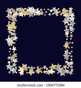 Square frame from Confetti Stars. Isolated gradient celestial elements. Yellow pearl nacre glitter. Holiday celebration luminous glossy vector template for celebration decorations.