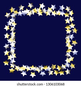 Square frame from confetti stars. Isolated yellow blue white grey gradient stellar elements. Holiday celebration luminous glossy metallic vector template for celebration decoration