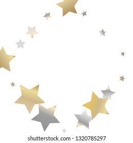 Square frame from confetti stars. Isolated gradient stellar elements. Yellow pearl nacre glitter. Festive iridescent holographic shine effect vector template for celebration decorations.