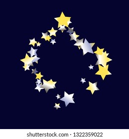 Square frame from Confetti Stars. Isolated yellow blue white grey gradient celestial elements. Festive iridescent holographic shine effect vector template for celebration decorations, packaging.