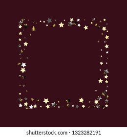 Square frame from Confetti Stars. Isolated gradient celestial elements. Platinum chrome metal glitter. Festive iridescent holographic effect vector template for celebration decorations, packaging.