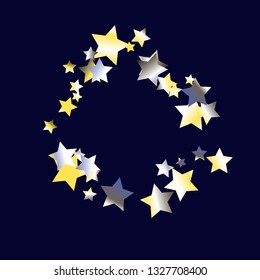 Square frame from confetti stars. Isolated yellow blue white grey  gradient stellar elements. Holiday celebration luminous glossy vector template for celebration decorations, packaging.