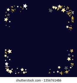 Square frame from Confetti Stars. Isolated gradient stellar elements. Platinum chrome metal glitter. Festive iridescent holographic effect vector template for celebration decorations, packaging.