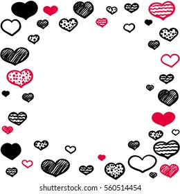 The square frame consisting of a variety of different sized hearts drawn by hand on a white background red and black colors. Isolated. Vector illustration. Valentine's Day. Holiday greetings.