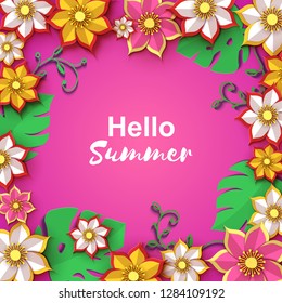 Square frame consists of Paper cut flowers, Origami concept, Vector card illustration. Backdrop with paper flowers leaves and place for text, for wedding invitation, spring or summer sale.