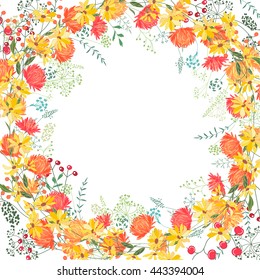 Square frame with contour asters, herberas and herbs on white. Floral pattern for your summer design, floral greeting cards, posters.
