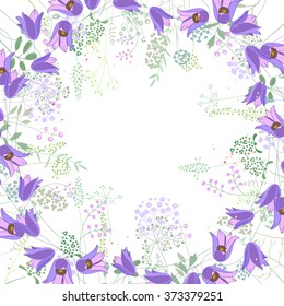 Square frame with contour bluebells and herbs on white. Pattern with flowers for your summer design, floral greeting cards, posters.