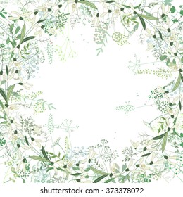Square frame with contour galanthus and herbs on white. Pattern with flowers for your spring design, floral greeting cards, posters.