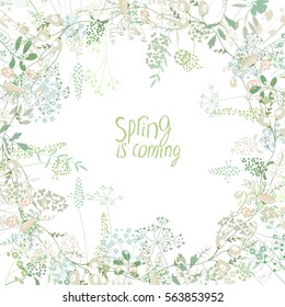 Marco cuadrado con galanthus de contorno y hierbas en blanco. Patrón con flores para tu diseño primaveral, tarjetas de saludo floral, carteles.