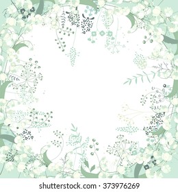 Moldura quadrada com ervas de contorno e convallaria em branco. Padrão com flores para o seu design de primavera, cartões florais, cartazes.