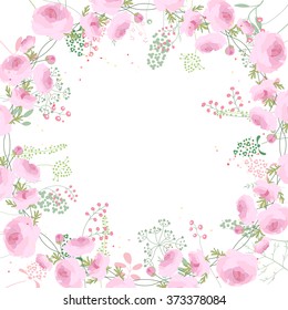 Square frame with contour roses and herbs on white. Floral pattern for your wedding design, floral greeting cards, posters.