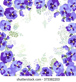 Square frame with contour viola and herbs on white. Pattern with flowers for your summer design, floral greeting cards, posters.