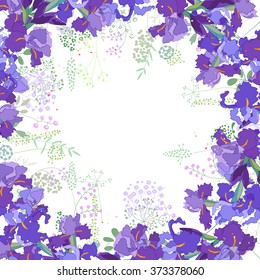 Square frame with contour  violet irises and herbs on white. Floral pattern for your wedding design, floral greeting cards, posters.