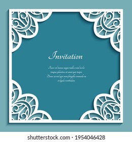 Square frame with corner lace ornaments, paper cut decor, stencil template for laser cutting, vector lace decoration for wedding invitation card or packaging design