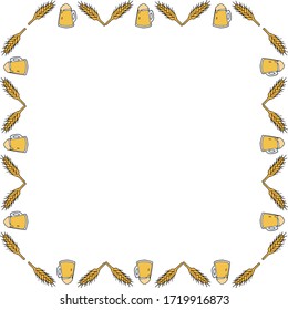 Square frame with cozy beer mugs on white background. Vector image. 