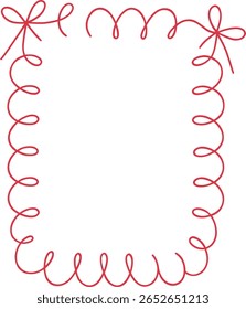 A square frame created with a red ribbon that has curly loops and decorative bows at each corner. The background is white.