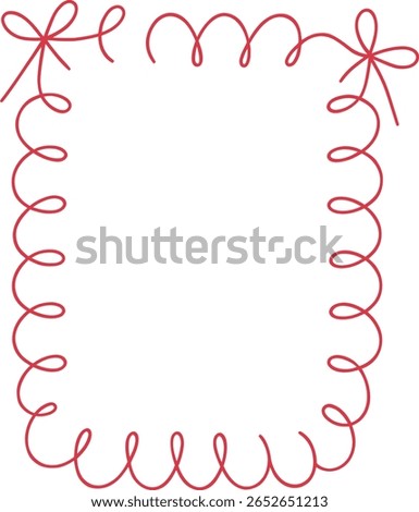 A square frame created with a red ribbon that has curly loops and decorative bows at each corner. The background is white.
