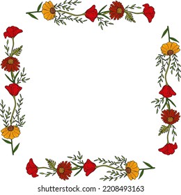 Square frame with creative flowers and branches on white background. Vector image. Doodle style.