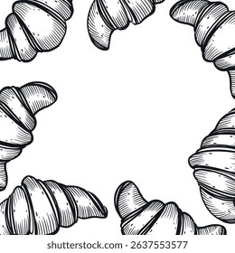 Square frame of croissants, fresh pastries. All objects are hand drawn in vector in dark gray. Vector illustration. Suitable for design of packaging of sweets, flour, menu.
