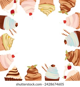 Square frame of cupcakes. Vector border for the design of cards, invitations, menus, logos, labels, tags. Clipart for Valentine s Day, birthday, holiday.