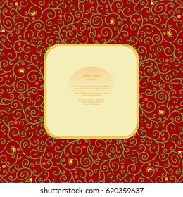 A square frame with curls on a red background. Russian ornament in vintage style and small pattern. Stylized thin stems and flowers in the form of drops.