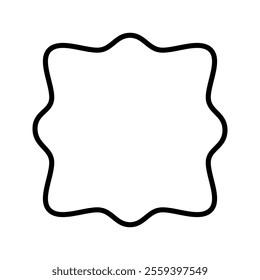 Square frame with curvy edges. Geometric shape with scallop borders. Blank text box, speech bubble, tag or label isolated on white background. Vector outline illustration.