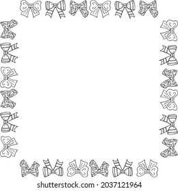 Square frame with cute black-and-white bow on white background. Vector image.