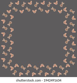 The square frame of cute cartoon African bush hare and fennec foxes faces on a gray background. Blank border. Vector.