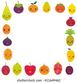 square frame cute funny kawaii fruit Pear Mangosteen tangerine pineapple papaya persimmon pomegranate lime apricot plum dragon fruit figs mango peach lemon lychee apple kiwano on white. Vector