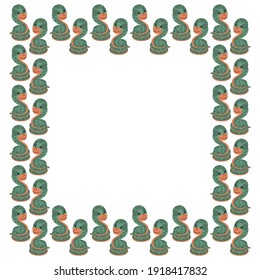 Square frame of cute gentle green characters of a boas constrictor with a protruding tongues on a white background. Template with place for text of cartoon snakes. Childish backdrop. Vector.