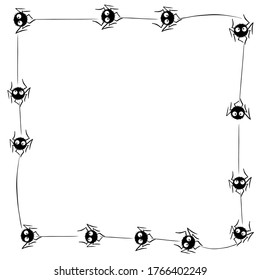 Square Frame of cute little spiders with eyes on web. Halloween vector background. Black and white, isolated, hand drawn illustration