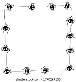 Square Frame of cute little spiders with eyes on web. Halloween vector background. Black and white, isolated, hand drawn illustration