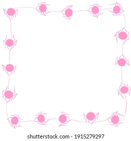 Square Frame of cute little spiders. Halloween vector background. Pink and white, isolated, hand drawn illustration