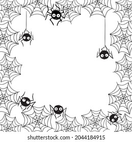 Square Frame of cute little spiders with eyes on web. Halloween vector background. Black and white, isolated, hand drawn illustration