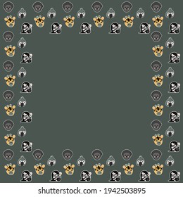 The square frame of cute muzzles of giraffes, zebras, western gorillas, parrots with white outlines like stickers a dark gray background. Isolated place for text. Vector.