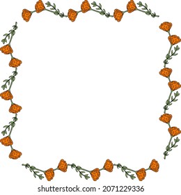 Square frame with cute orange flowers on white background. Vector image.