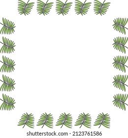 Square frame with cute tropical leaves on white background. Vector image.