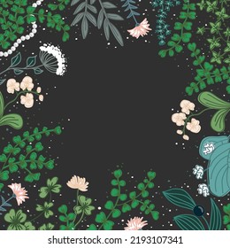 Square frame with cute wild flowers and herbs. Colorful vintage dark background. Vector illustration . Vector illustration.