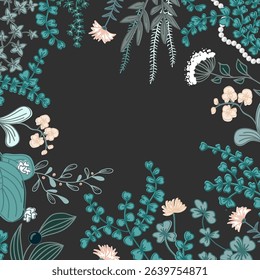 Square frame with cute wild flowers and herbs. Floral dark background. Vector illustration.