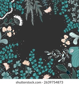 Square frame with cute wild flowers and herbs. Floral dark background. Vector illustration.