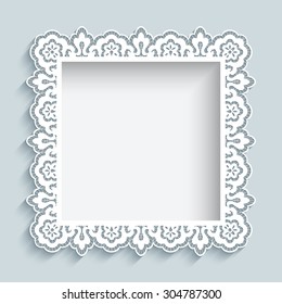 Square frame with cutout paper lace border ornament, vector background, greeting card or wedding invitation template, eps10