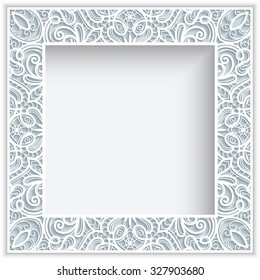 Square frame with cutout paper lace border ornament, greeting card or wedding invitation template, vector background, eps10